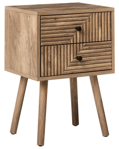 NordicNest Bedside Table Two Drawers Light Brown MDF Pine Wood Legs