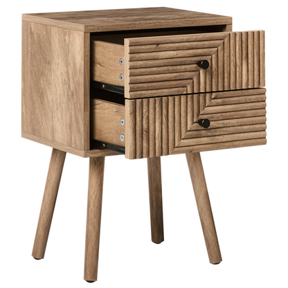 NordicNest Bedside Table Two Drawers Light Brown MDF Pine Wood Legs