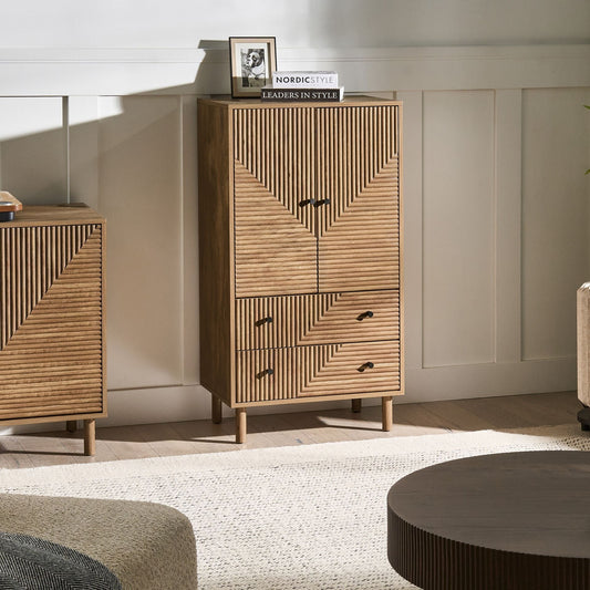 NordicNest Highboard Cabinet Light Brown MDF Pine Wood Legs Two Drawers Modern Design