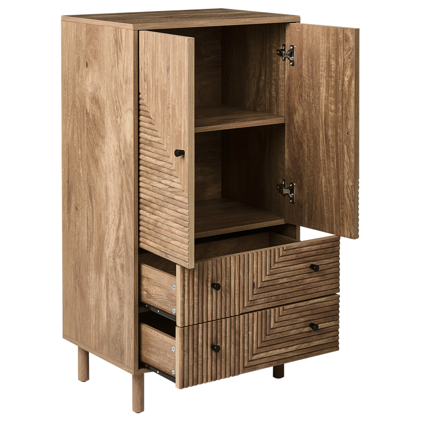 NordicNest Highboard Cabinet Light Brown MDF Pine Wood Legs Two Drawers Modern Design