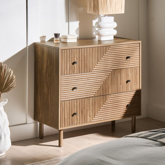 NordicLuxe 3 Drawer Chest With Ribbed Front Light Brown Pine Legs