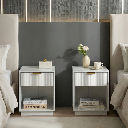 NovaHome Two Bedside Tables White MDF With Fluted Front Gold Handle