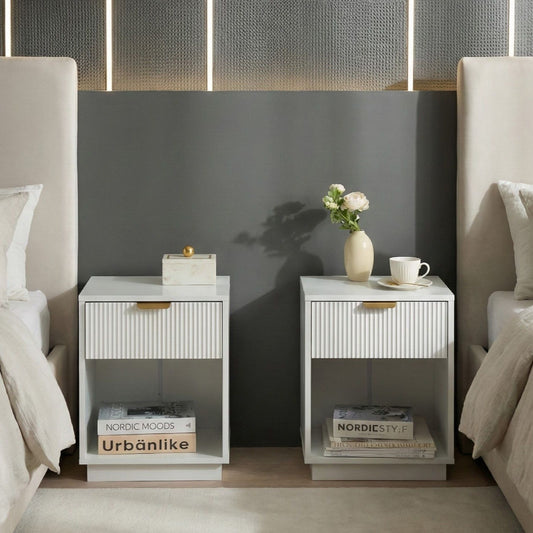 NovaHome Two Bedside Tables White MDF With Fluted Front Gold Handle