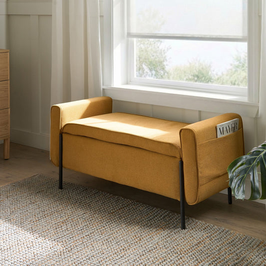 Storage Bench Mustard Fabric Lift Top With Water-Repellent Metal Legs