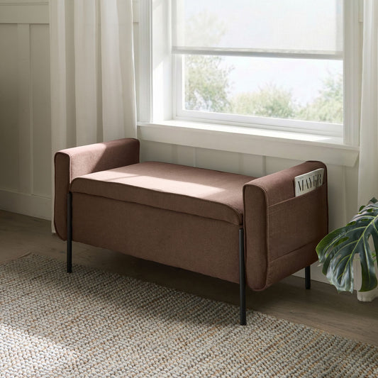 Arcadia Storage Bench Lift Up Top Brown Fabric with Metal Legs
