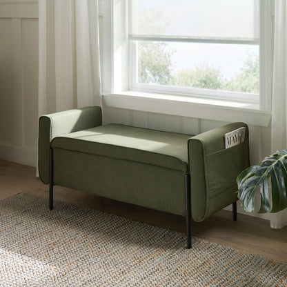 Green Fabric Storage Bench Lift Top Water Repellent Legs