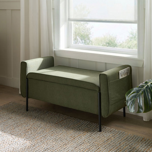 Green Fabric Storage Bench Lift Top Water Repellent Legs