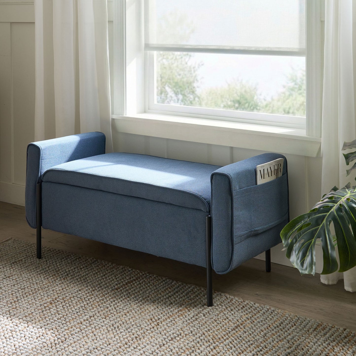 Storage Bench Blue Water Repellent Lift Top With Metal Legs