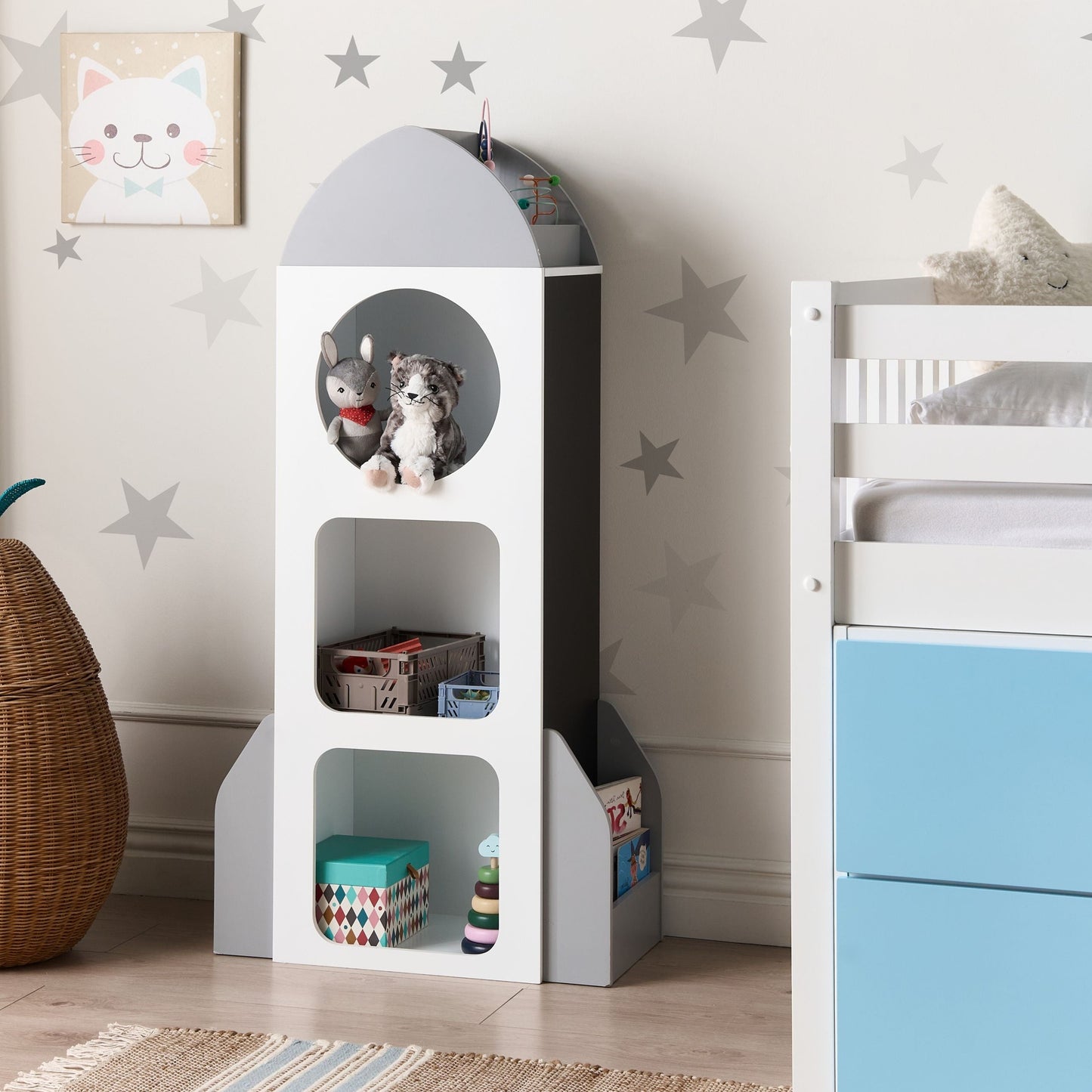 ScandiKids Rocket Bookshelf White 3-Tier With Built-In Blackboard For Kids Room Scandinavian Style