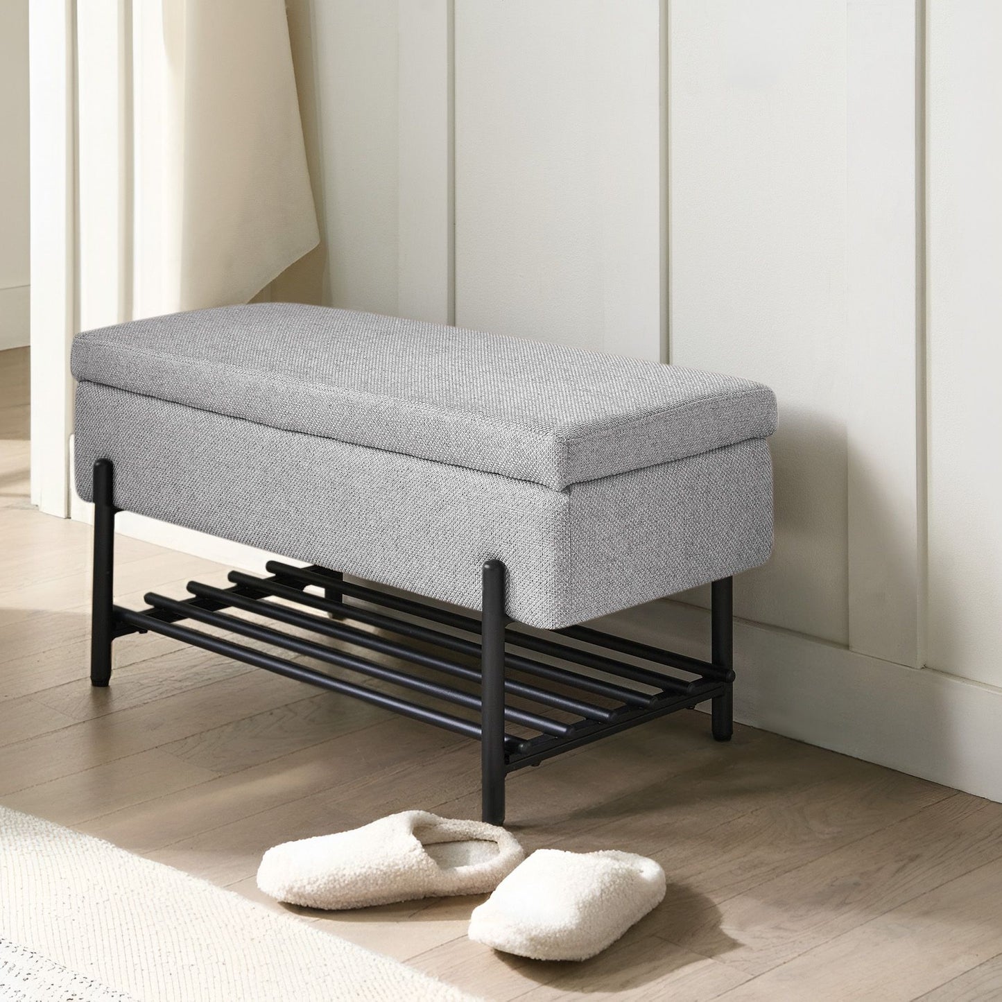 Storage Bench Light Grey Fabric Water Repellent Metal Lift Top