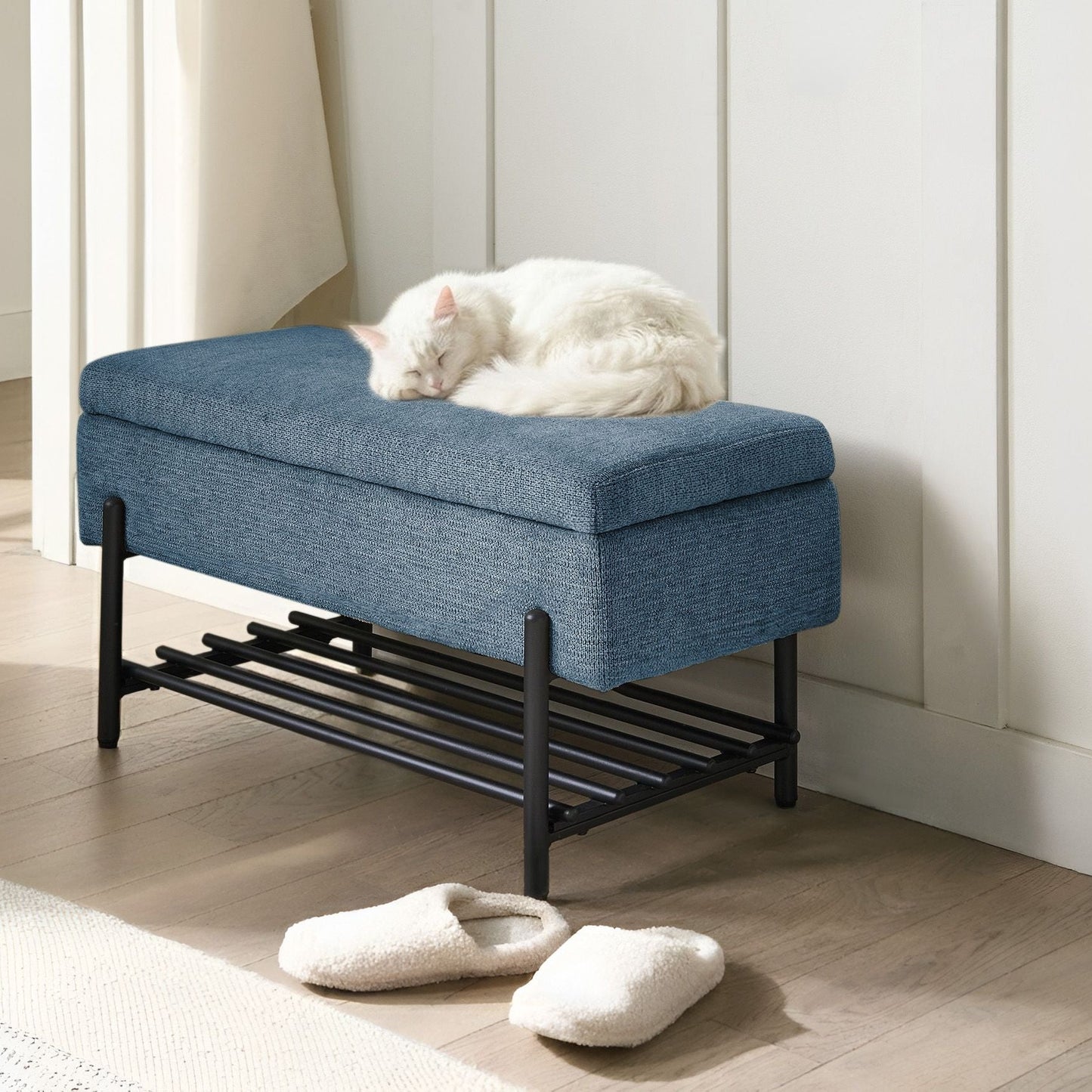 Storage Bench Water Repellent Blue Fabric Lift Up Top