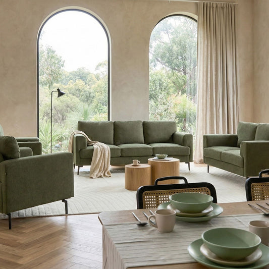 Green Fabric Living Room Set With Iron Legs Minimalist Mid Century Modern 3 Seater 2 Seater And 2 Armchairs