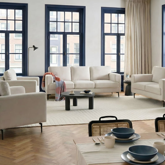 Modern Beige Fabric Living Room Set With Iron Legs 3 Seater