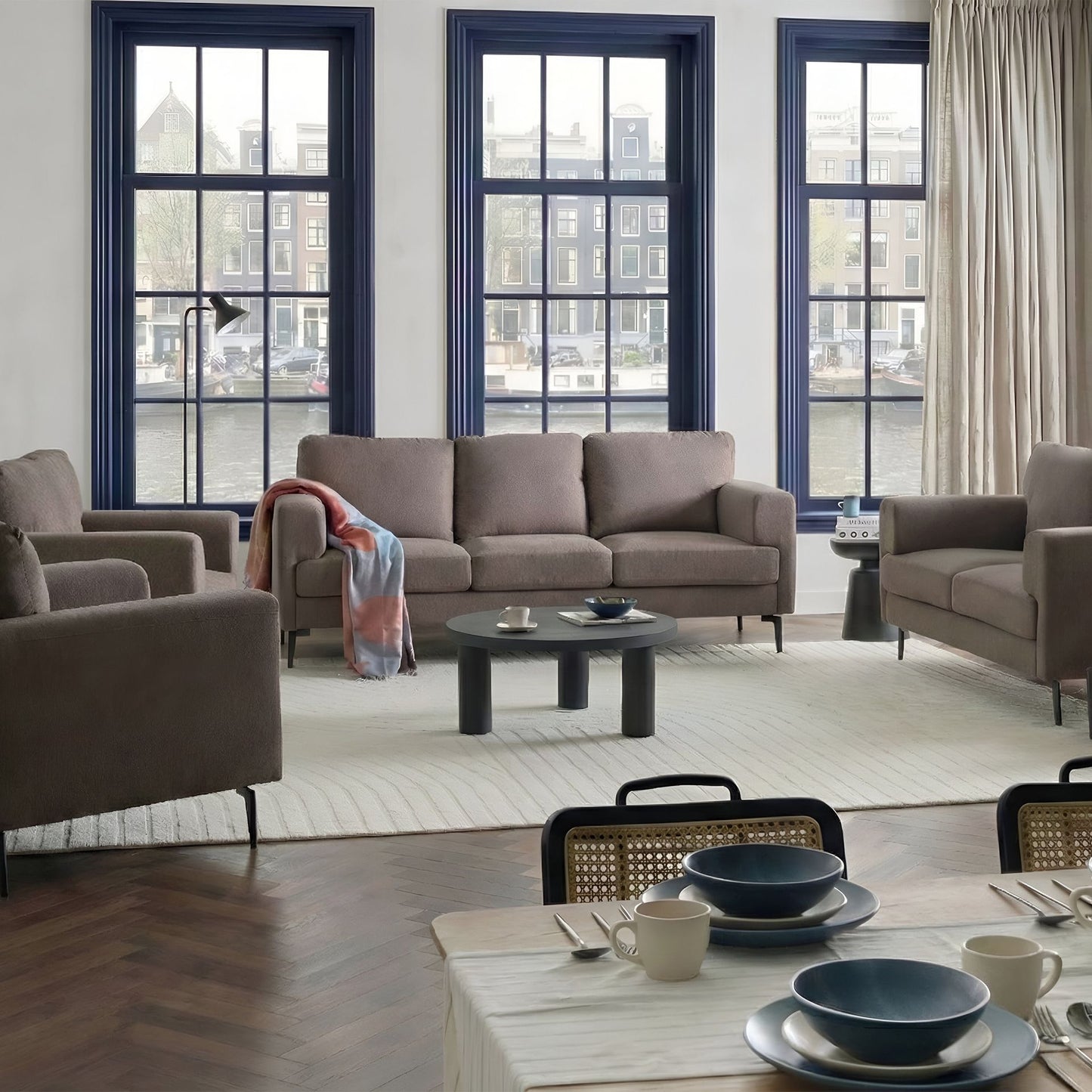 Living Brown Fabric Sofa Set 3 Seater 2 Seater With Iron Legs