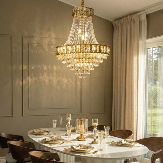 Gold Crystal Pendant Chandelier 70cm With Metal Base Glamour Dining Room Light
