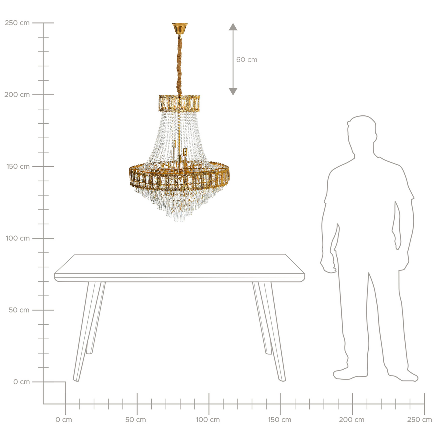 Gold Crystal Pendant Chandelier 70cm With Metal Base Glamour Dining Room Light