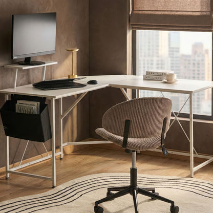 NovaLine Corner Desk White MDF Tabletop With Powder Coated Iron Legs And Side Pocket Wide Workstation Modern