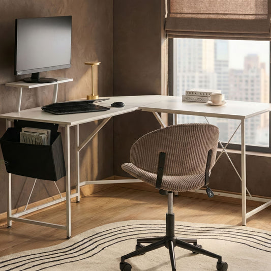 NovaLine Corner Desk White MDF Tabletop With Powder Coated Iron Legs And Side Pocket Wide Workstation Modern