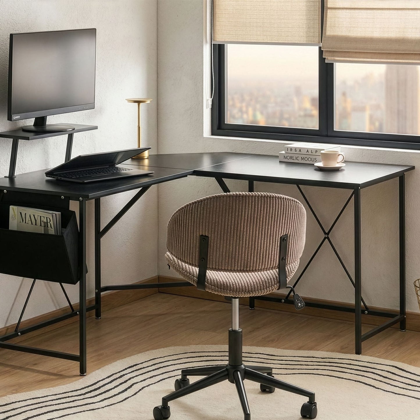 NovaDesk Corner Desk Black MDF With Side Pocket And Powder Coat Frame