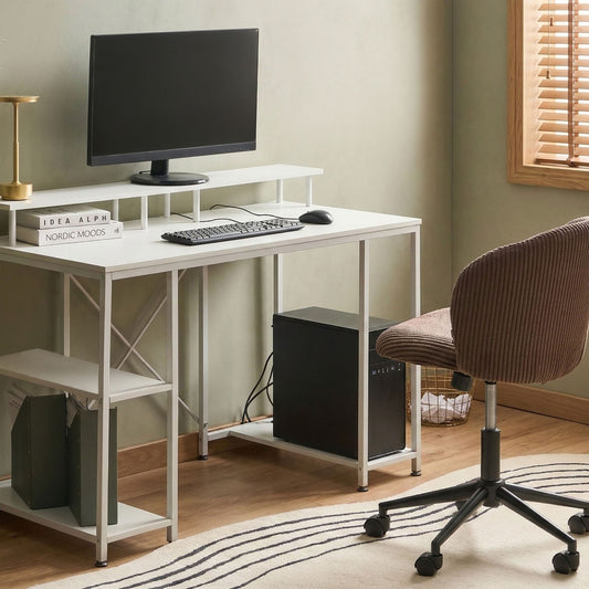 Astra Studio White Desk With MDF Tabletop Three-Shelf Iron Frame