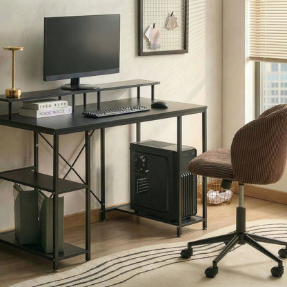 Modern Black Desk With MDF Tabletop And Powder Coated Iron Frame Three Shelves For Extra Storage