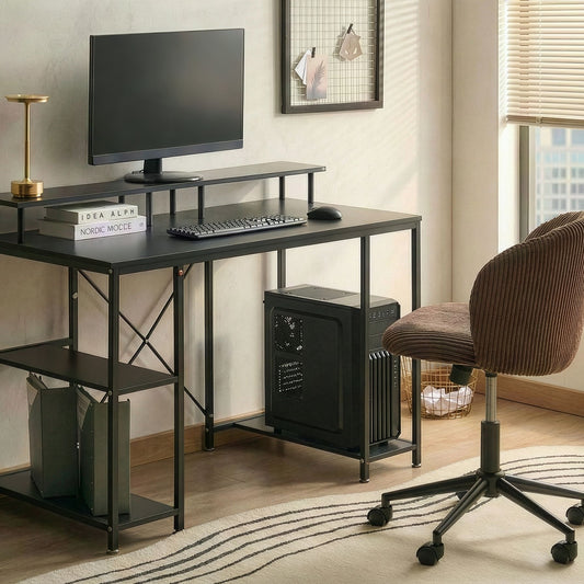 Modern Black Desk With MDF Tabletop And Powder Coated Iron Frame Three Shelves For Extra Storage