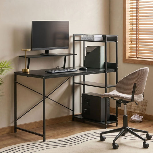 NovaDesk Home Office Desk With Iron Frame 5 Shelves Monitor Stand