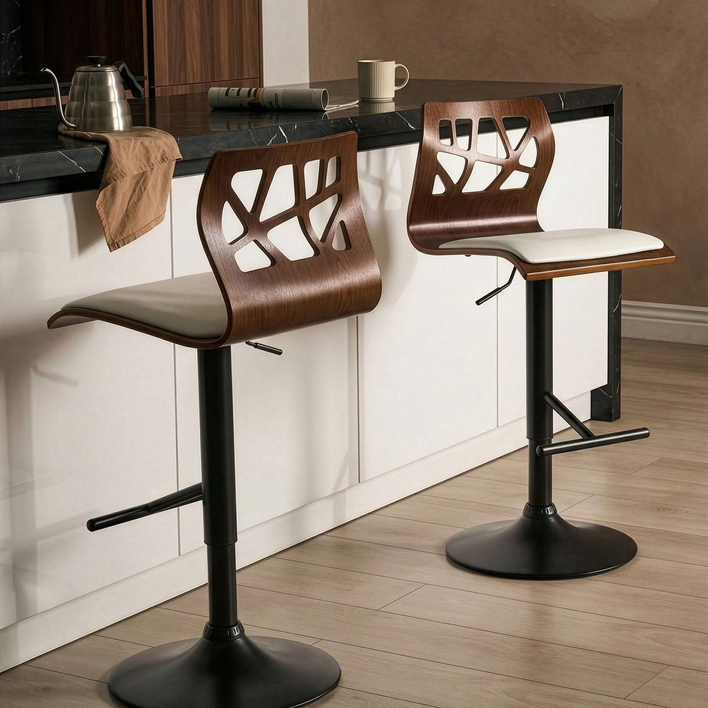 Modern Living 2 Bar Stools Dark Brown White Faux Leather Swivel