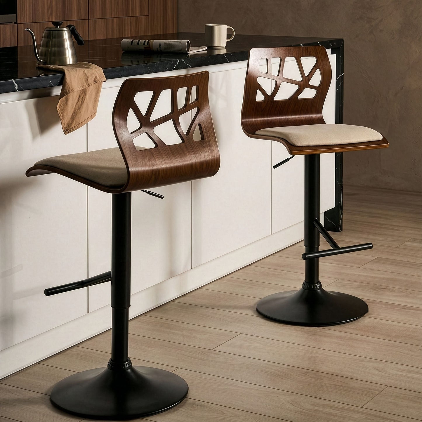 Set of 2 Bar Stools Dark Brown Faux Leather Footrest Beige and Black Leg Swivel Gas Lift Adjustable Height