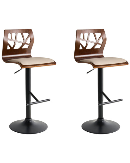 Set of 2 Bar Stools Dark Brown Faux Leather Footrest Beige and Black Leg Swivel Gas Lift Adjustable Height