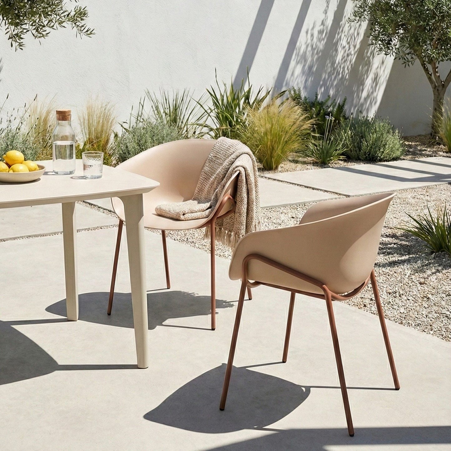 Outdoor Beige Plastic Garden Chairs Set Of 2 With Black Metal Legs All Weather