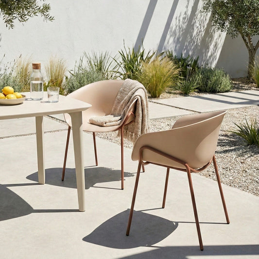Outdoor Beige Plastic Garden Chairs Set Of 2 With Black Metal Legs All Weather