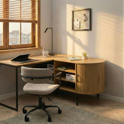 Home Corner Office Desk Light Brown And Black MDF 140x140 cm Iron Frame With Sliding Door And 3 Shelves
