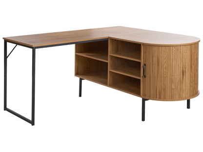 Home Corner Office Desk Light Brown And Black MDF 140x140 cm Iron Frame With Sliding Door And 3 Shelves
