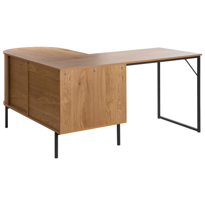 Home Corner Office Desk Light Brown And Black MDF 140x140 cm Iron Frame With Sliding Door And 3 Shelves