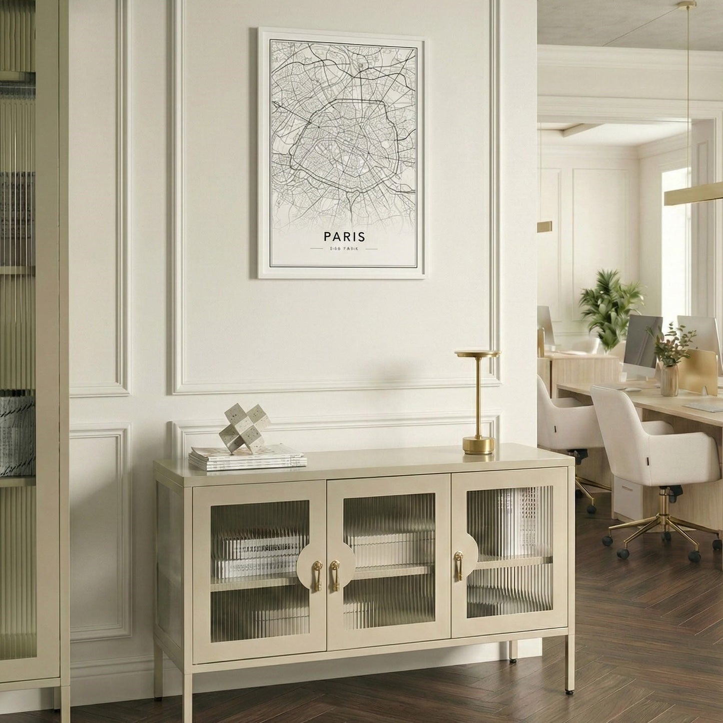 Moderna Home 3 Door Sideboard Light Beige Steel Cabinet
