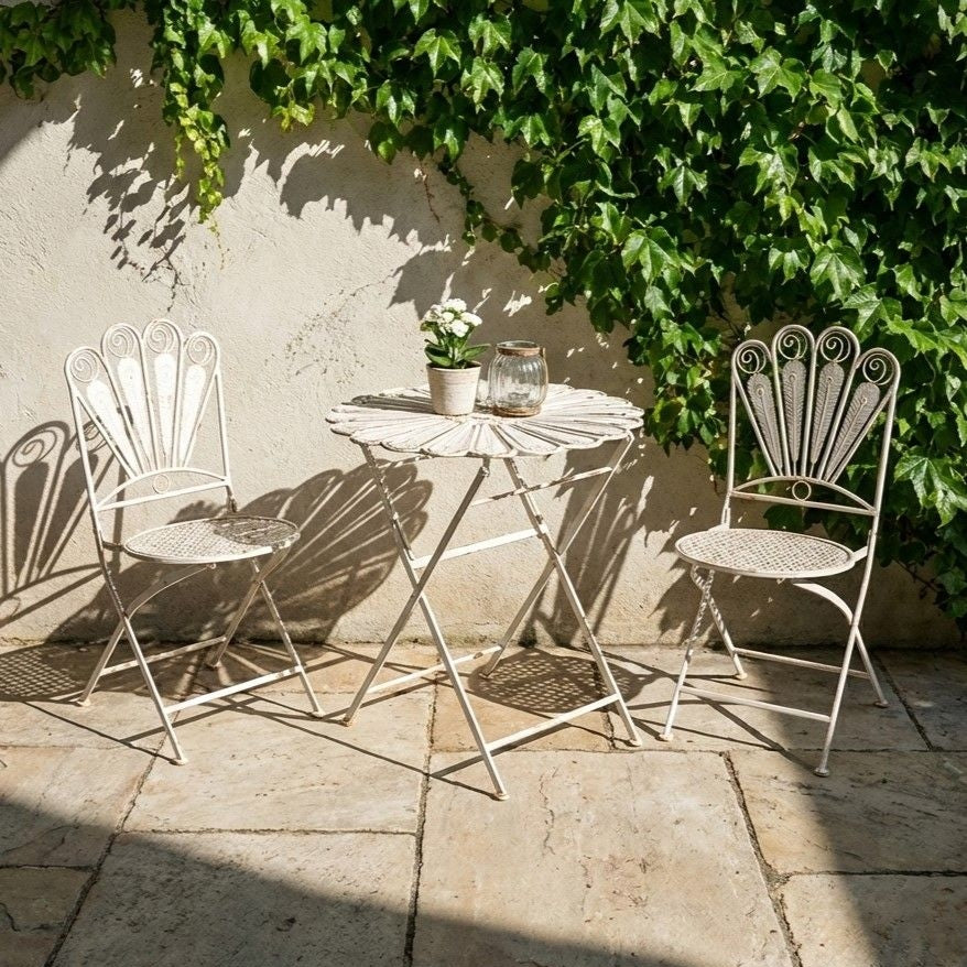 Peacock Motif Iron Frame Folding Garden Chairs 2Pc OffWhite