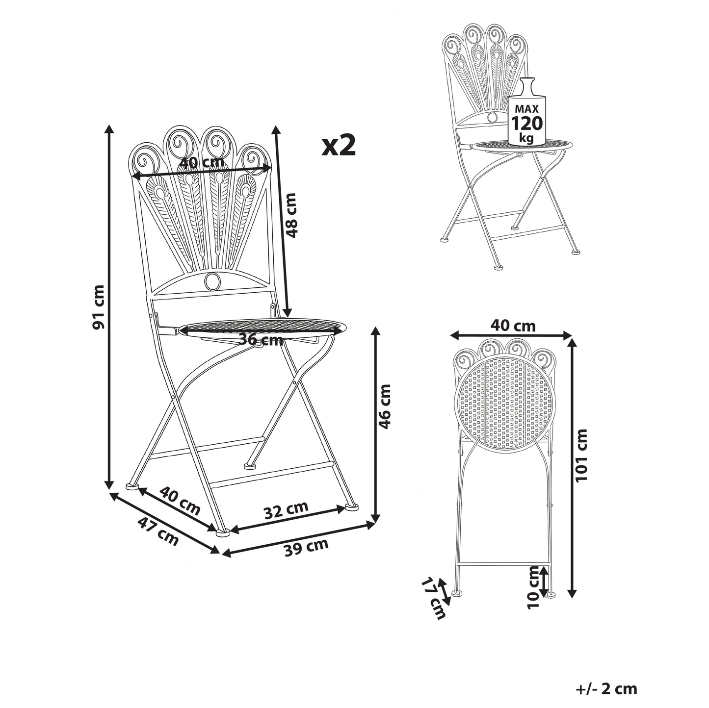 Peacock Motif Iron Frame Folding Garden Chairs 2Pc OffWhite