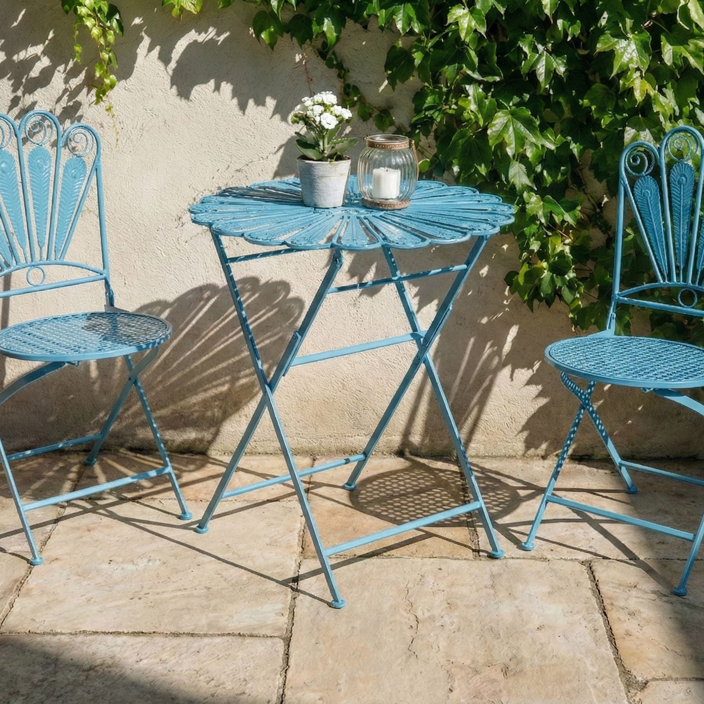 Garden Bloom Bistro Set Blue Iron With Peacock Motif Distressed