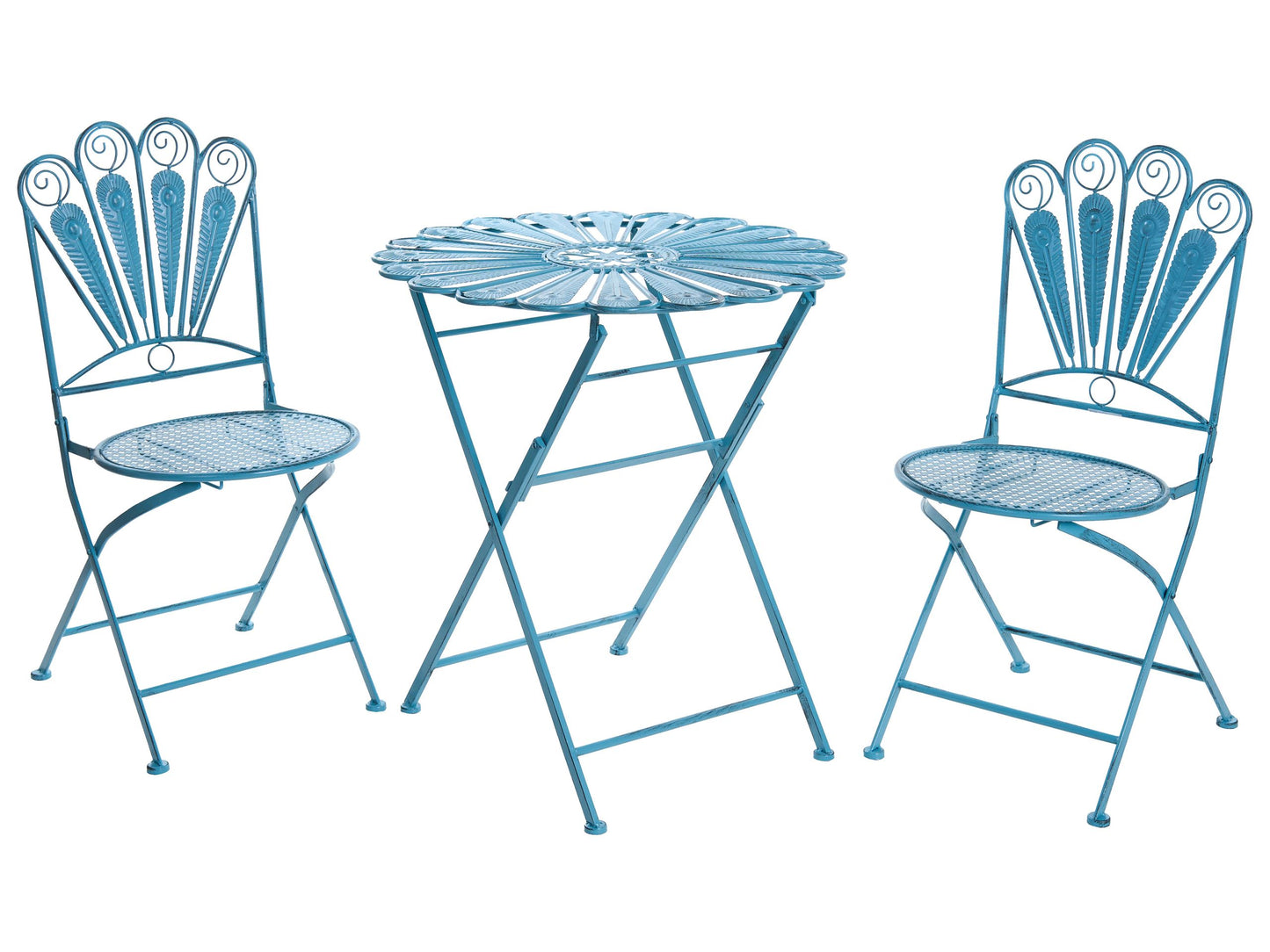 Garden Bloom Bistro Set Blue Iron With Peacock Motif Distressed