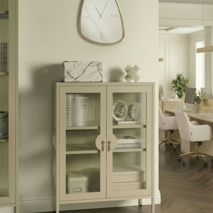 Storage Unit Light Beige Steel Office Cabinet Fluted Glass