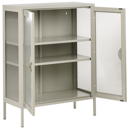 Storage Unit Light Beige Steel Office Cabinet Fluted Glass