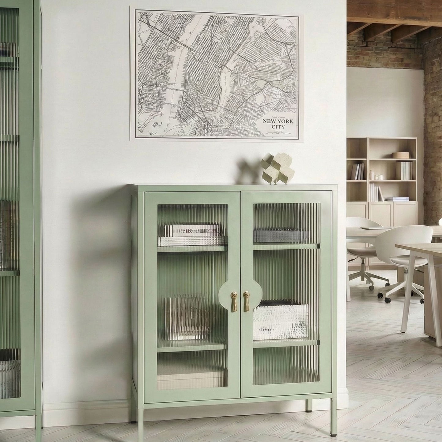 Mint Green Steel Office Cabinet With Fluted Glass Front