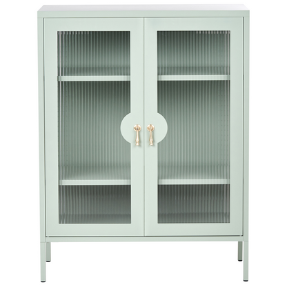 Mint Green Steel Office Cabinet With Fluted Glass Front