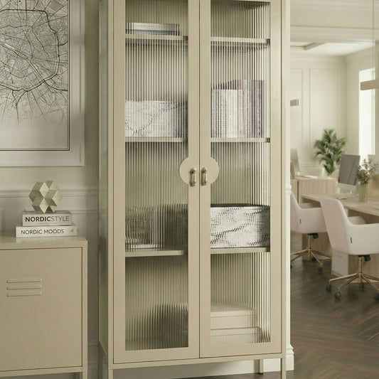 Light Beige Steel Display Cabinet With Fluted Glass Front For Office And Living Room