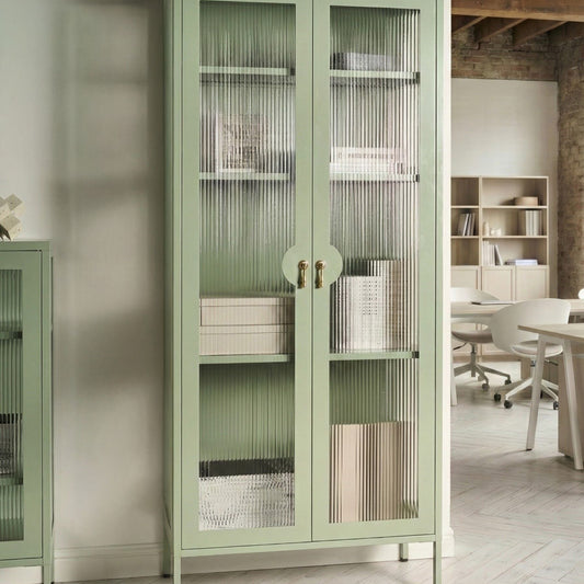 Display Cabinet Mint Green Steel With Fluted Glass Front