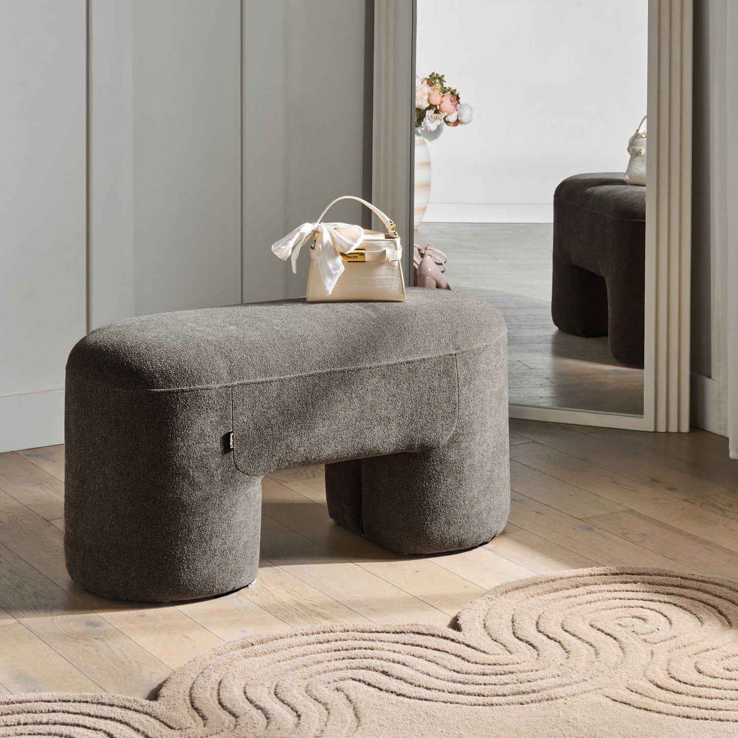 Home Boucle Bench Pouffe Brown With Wide Modern Legs