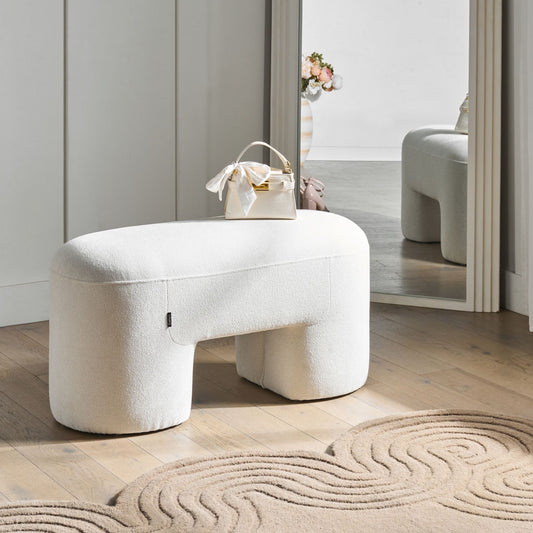 White Boucle Upholstered Bench Pouffe Wide Leg Modern Accent