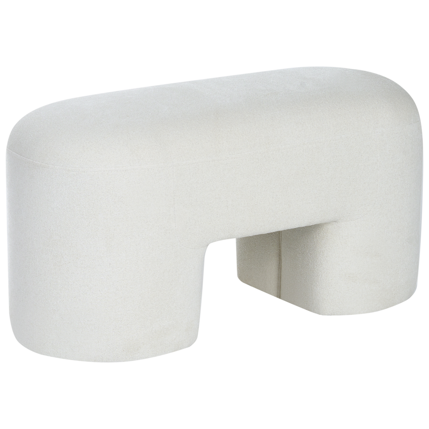 White Boucle Upholstered Bench Pouffe Wide Leg Modern Accent