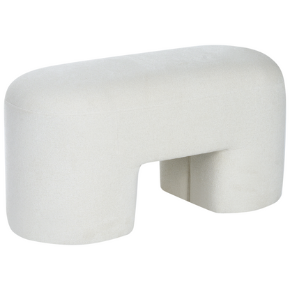 White Boucle Upholstered Bench Pouffe Wide Leg Modern Accent